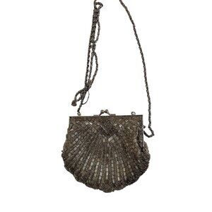 vintage Silver Scallop Beaded Clamshell Clutch Evening Bag Metal Chain crossbody